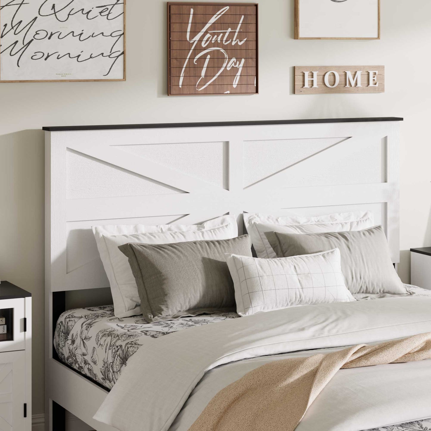 King Wood Platform Bed Frame with Headboard & Storage - White