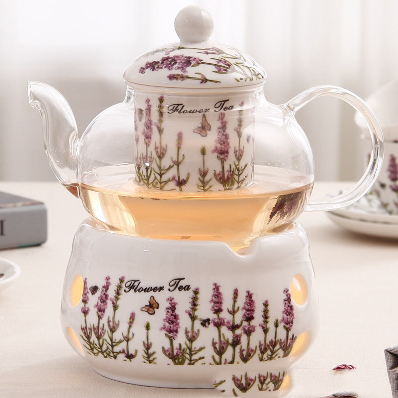 European Glass Fruit Tea Teapot with Candle Heating - Bone China, Heat-Resistant