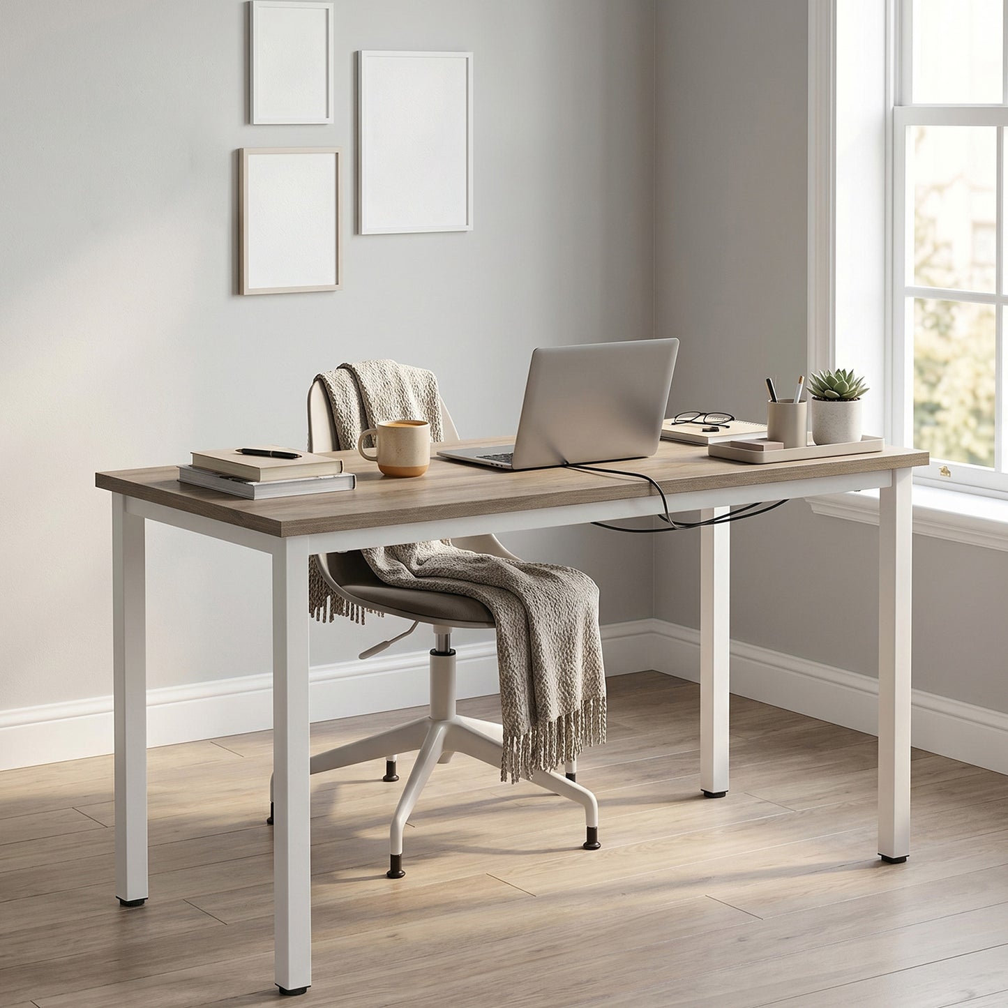 47 Inch Modern Computer Desk - Sturdy Oak and White Workstation