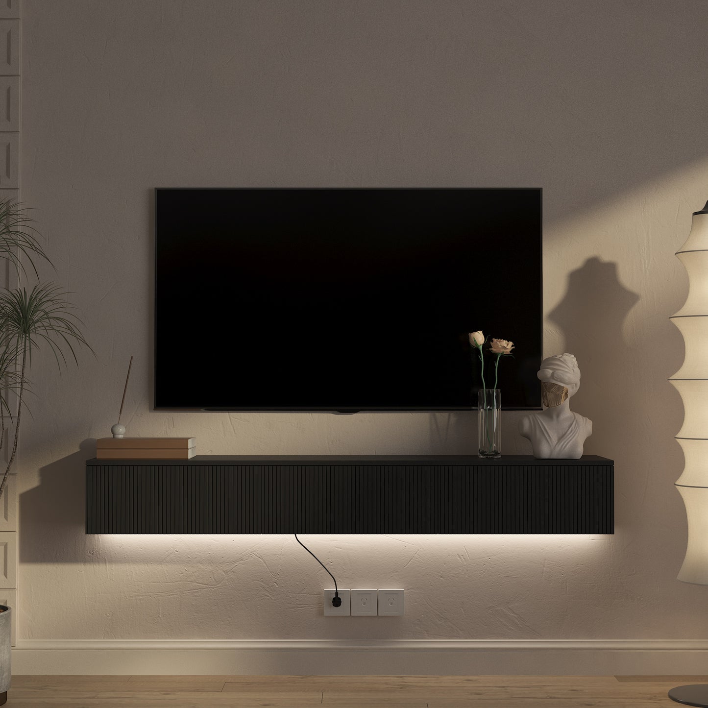 Floating TV Stand Wall Mounted with 16 Color LEDs - Black
