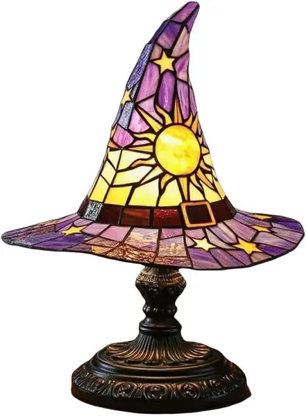 Handmade Gothic Witch Hat Night Light - Stained Glass LED Lamp