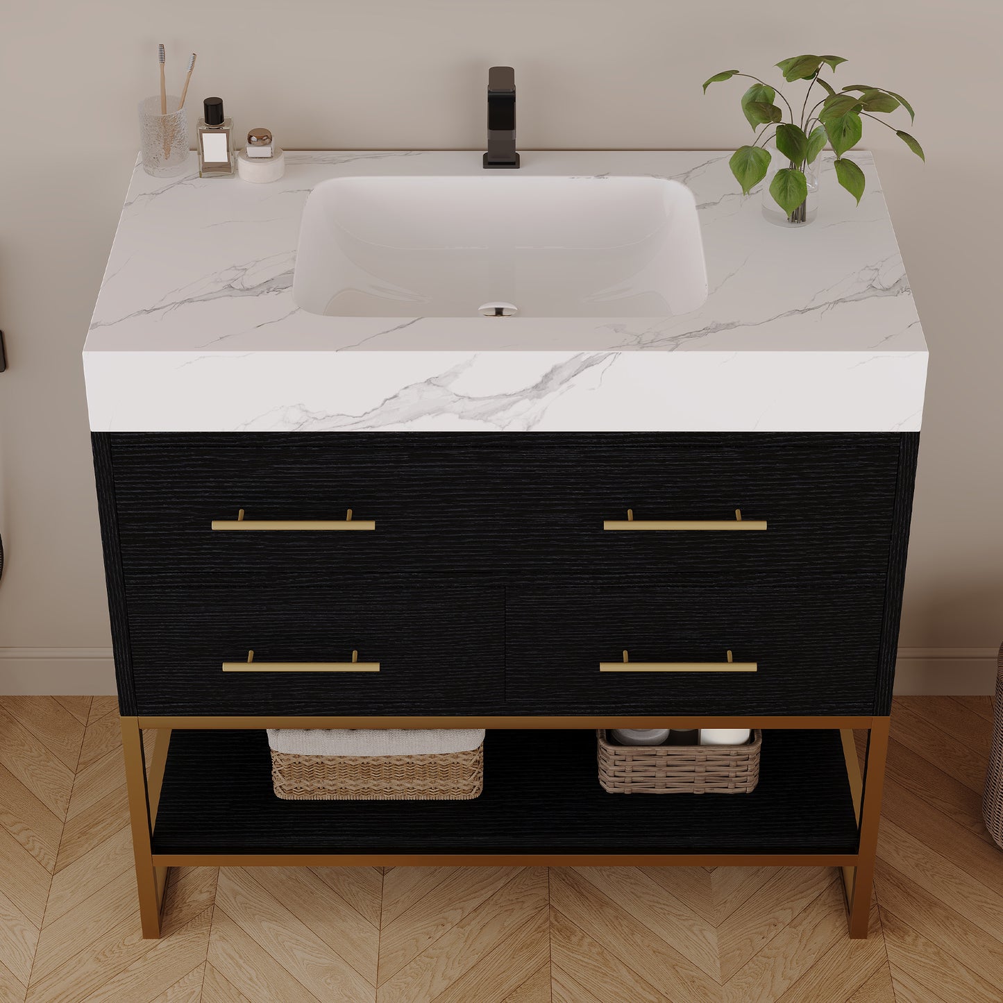 36" Artificial Stone Bathroom Vanity with Ceramic Sink & Storage