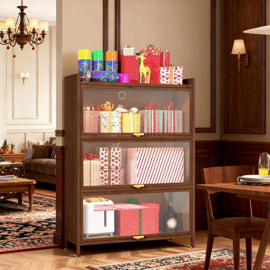 44'' Tall Metal Cabinet with 3 Flip Doors - Walnut Storage