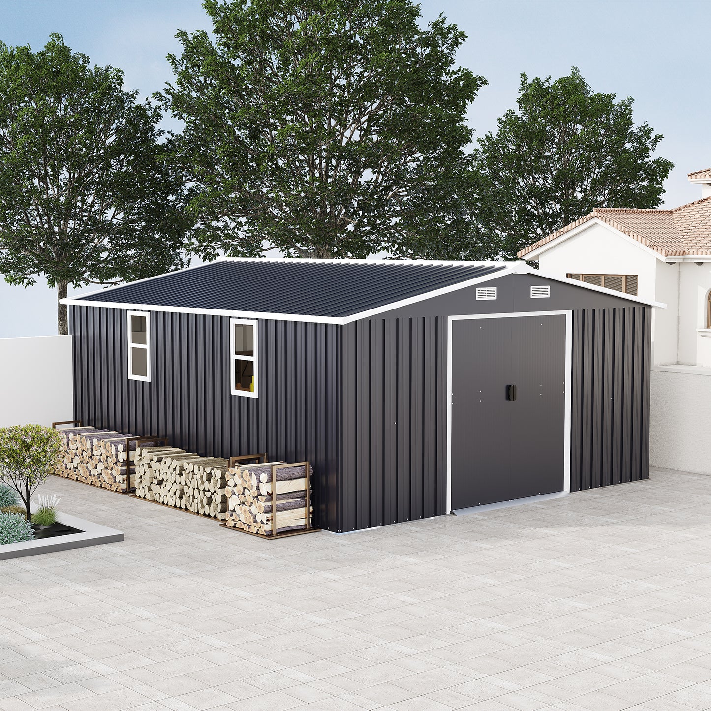 10x12ft Metal Storage Shed with Protective Film & Windows - Dark Gray