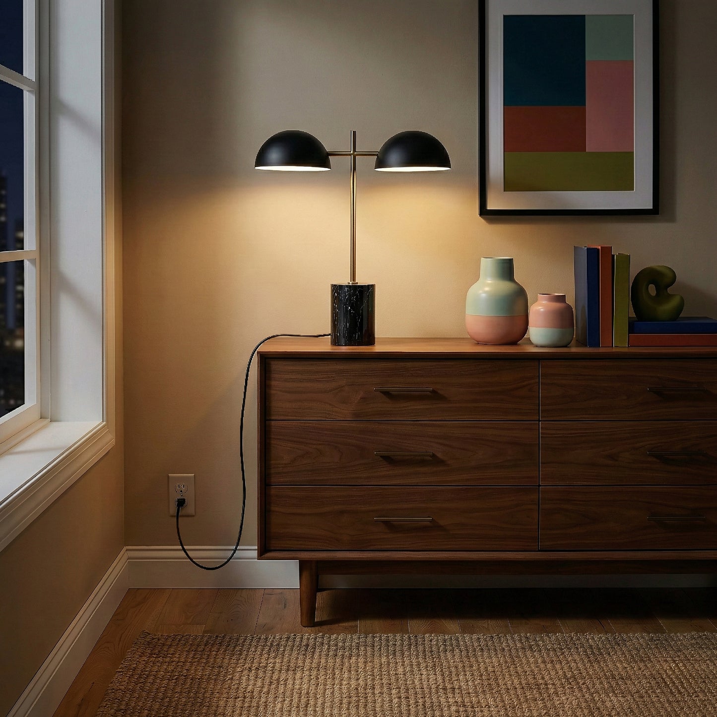 Black Table Lamp With On Off Switch, Double Lamp, Faux Marble Base