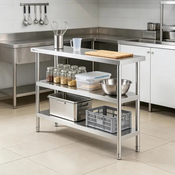 Sleek Metal Work Table With Easy To Clean And Adjustable Shelves For
