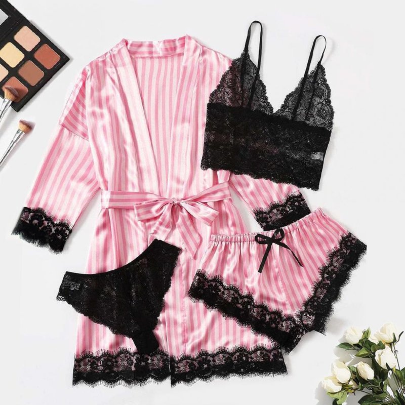 Lingerie Satin Striped Coat Lace Bra Underwear Set - Women’s Sexy Sleepwear