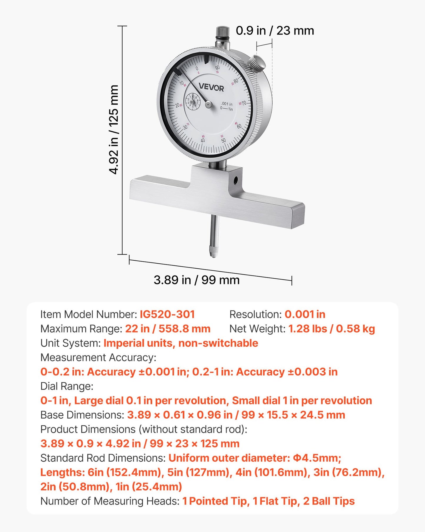 Depth Gauge Micrometer 0-22 Inch Measuring Range, Precision Mechanical Tool