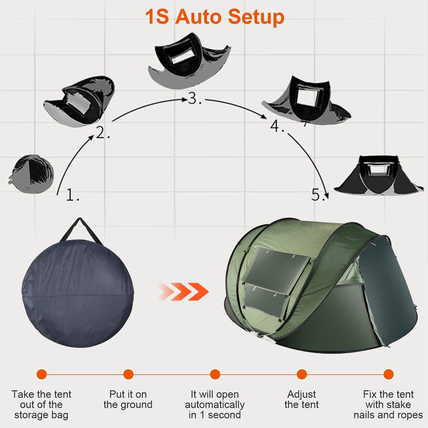 5-8 Person Automatic Pop-Up Camping Tent - Waterproof Khaki