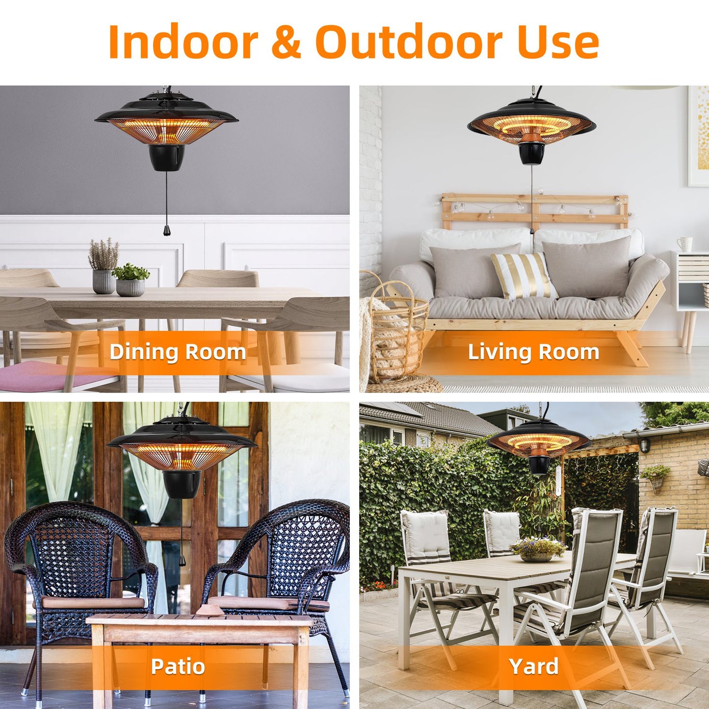1500W Outdoor Hanging Patio Heater with Waterproof IP23 & Quiet Operation