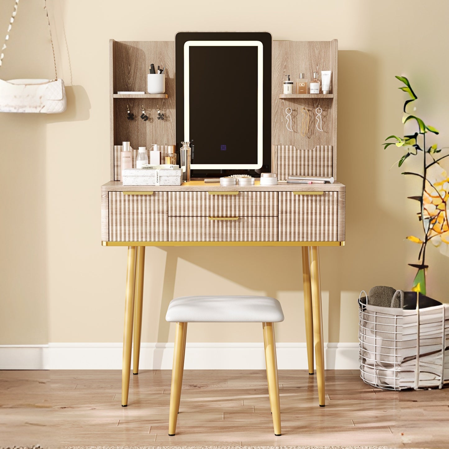 4-Drawer Vanity Desk With LED Mirror & Carved Details, Fluted Makeup