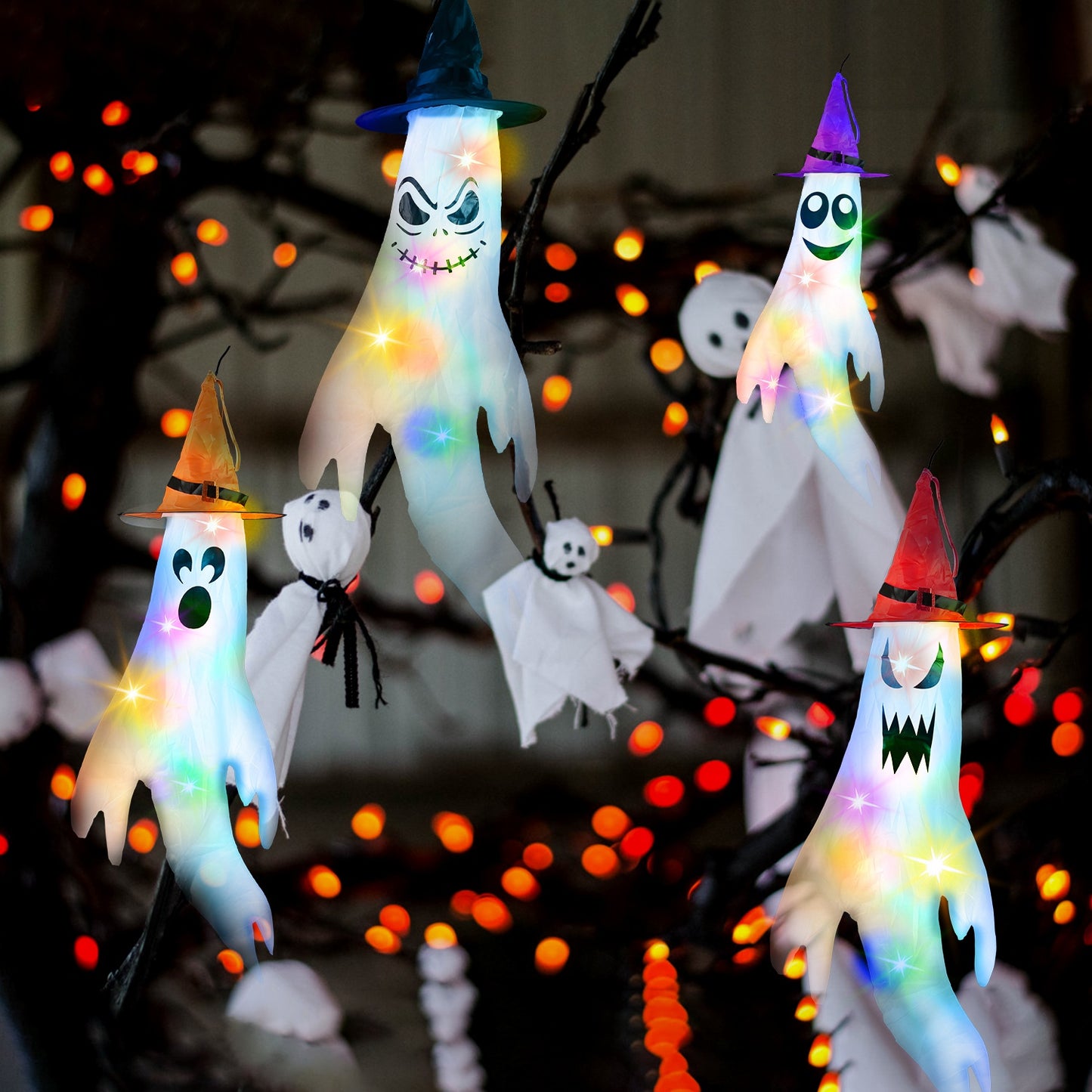 Halloween Ghost Windsocks Decoration Set with Colorful LED Lights - 4 Pcs