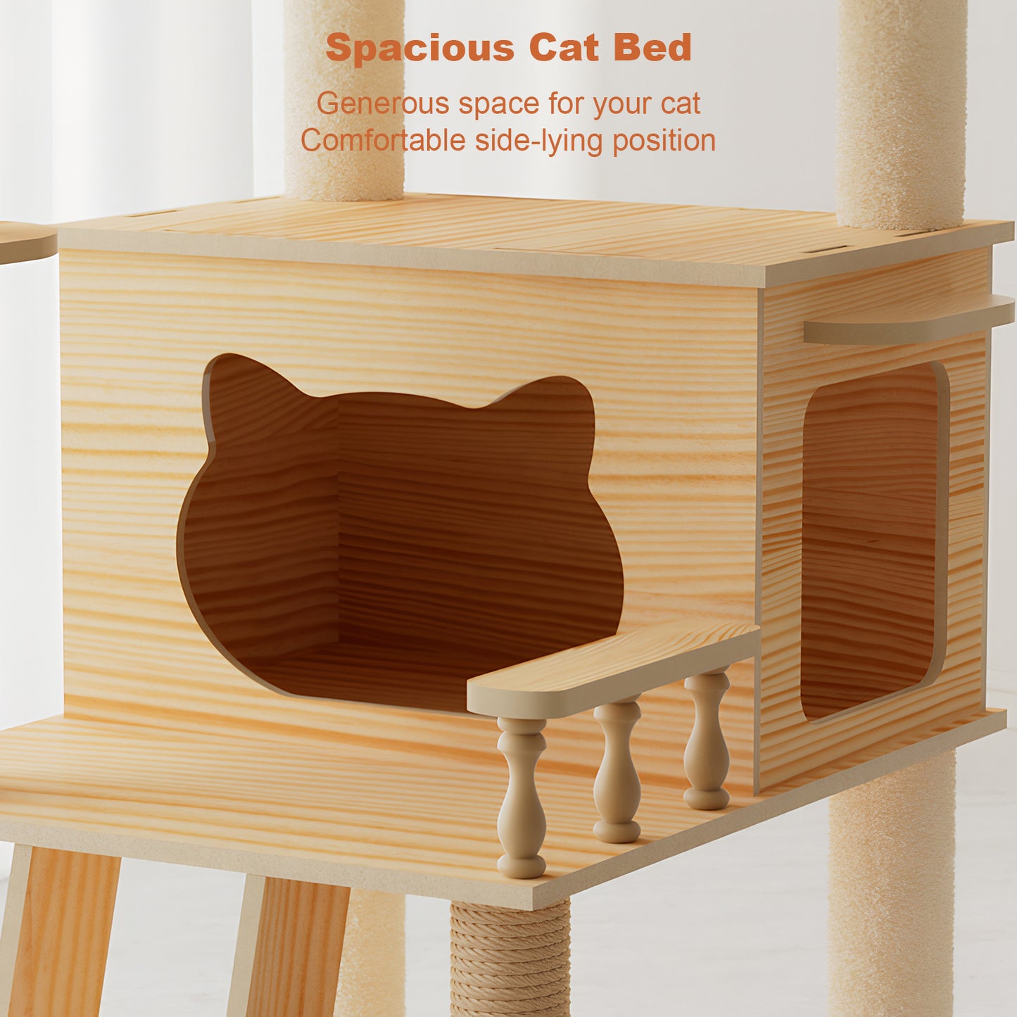 59-Inch Modern Wooden Cat Tower with Sisal Scratching Posts, Top Perch & Acrylic Hammock