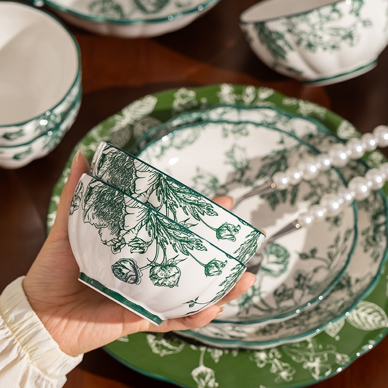 European-Style Porcelain Dinnerware Set with Rice Bowls & Plates - Rose Manor