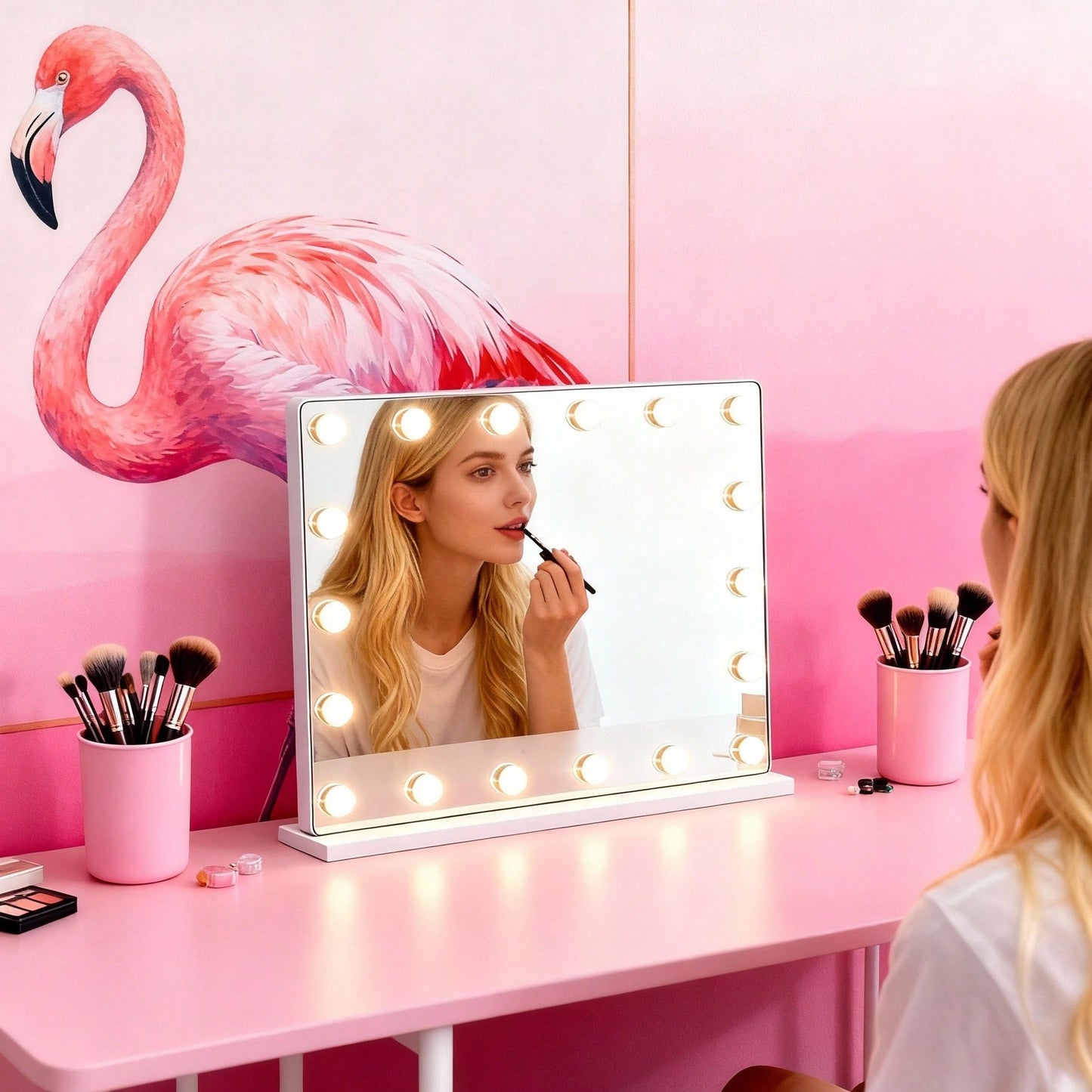 Large LED Vanity Mirror with 15 Dimmable Bulbs & USB Charging Port