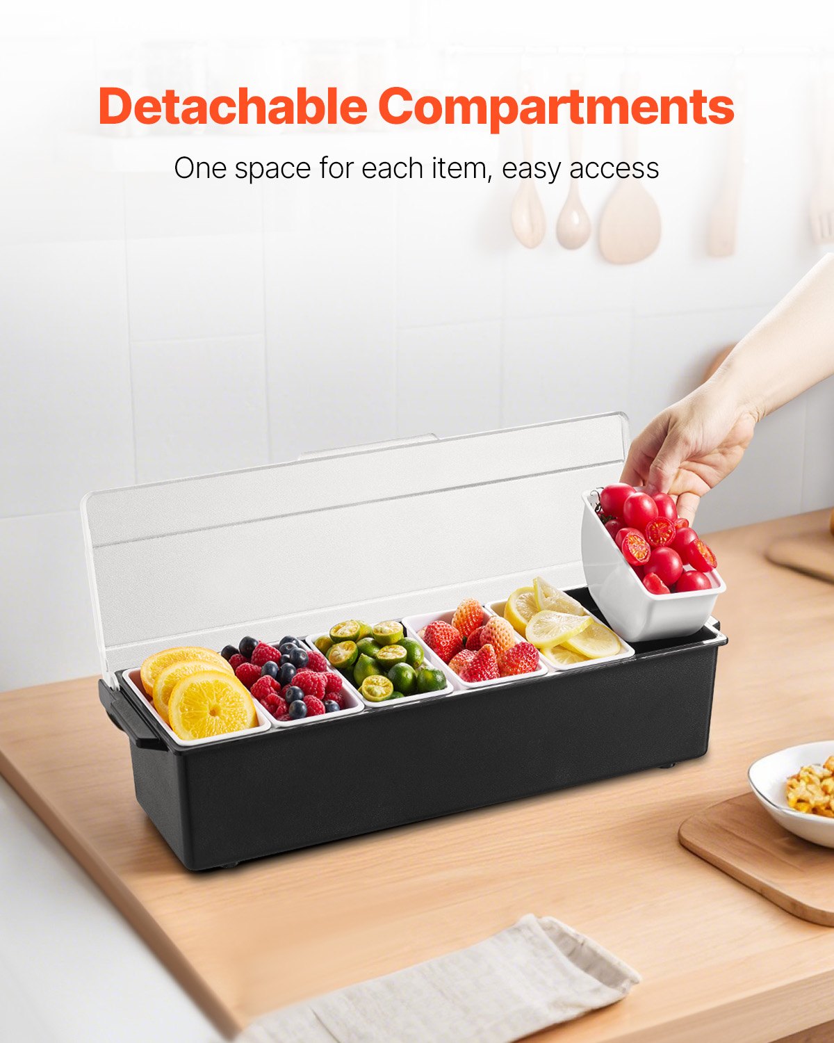 Chilled Condiment Server with Lid - 6 Compartment Serving Tray