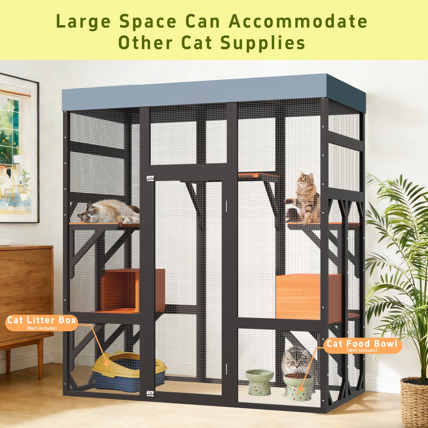 Large Wooden Cat Enclosure with Waterproof Cover and Multiple Platforms