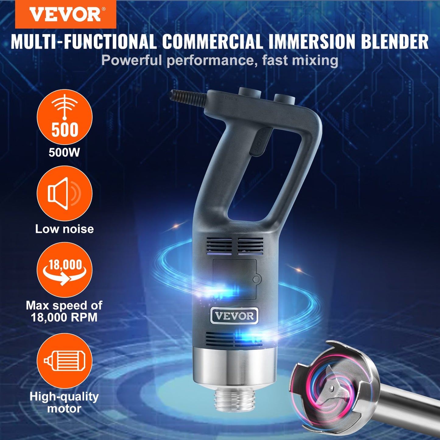 Heavy Duty Immersion Blender 500W with Variable Speed & Stainless Steel Blade - Black