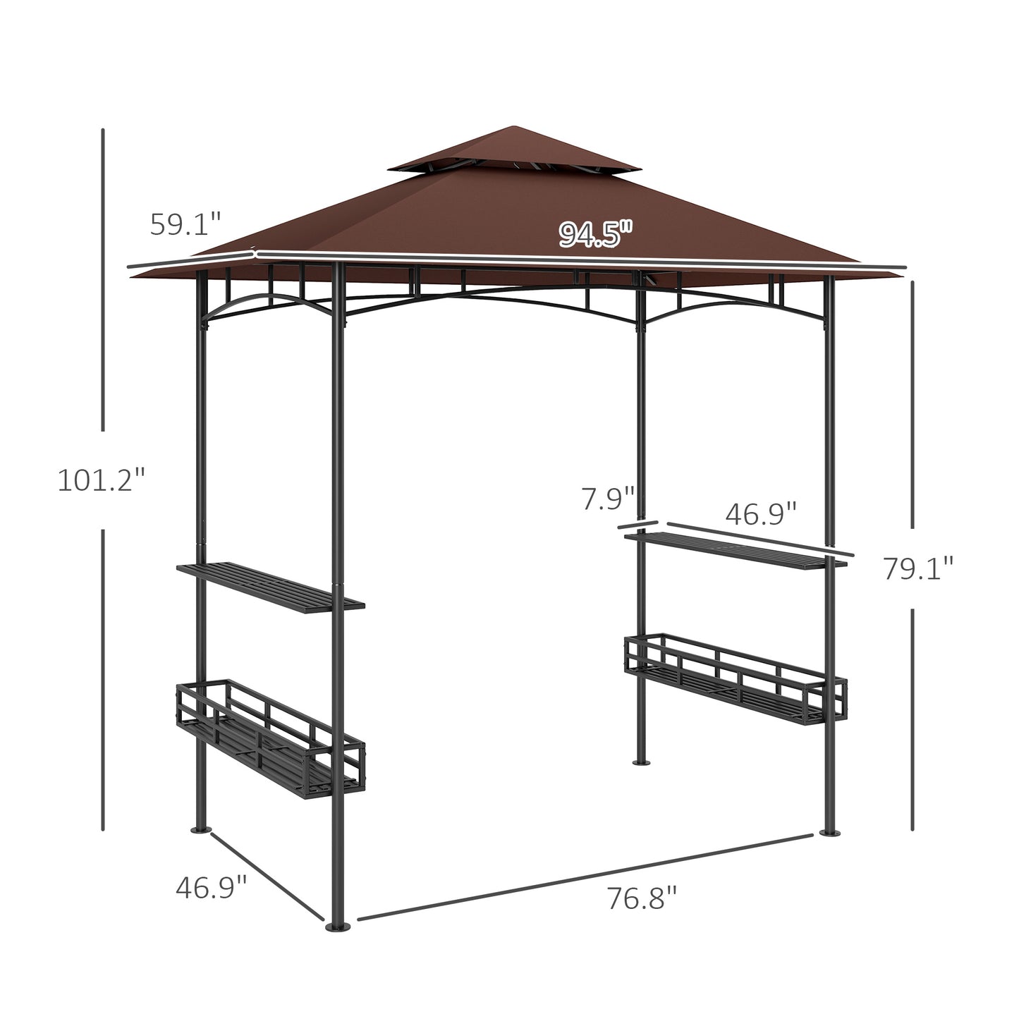 2-Tier BBQ Grill Gazebo with Side Shelves & Storage Baskets - Dark Brown