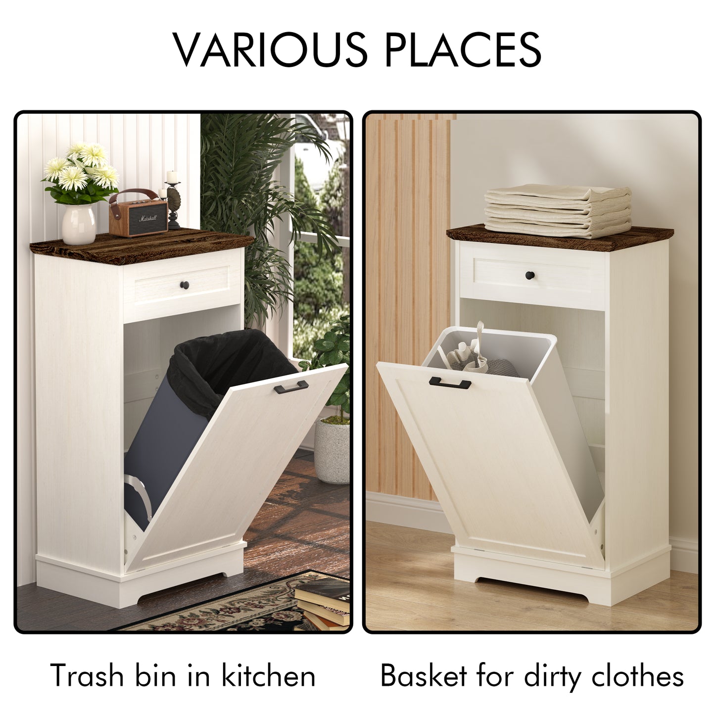 Tilt-Out Trash Cabinet - Freestanding Wood Recycling Bin with Drawer, Antique Brown & White