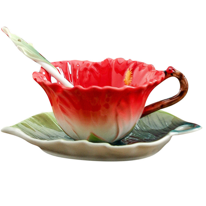 Handmade Enamel Ceramic Coffee Cup with Plate and Spoon - Latte Art Drinkware