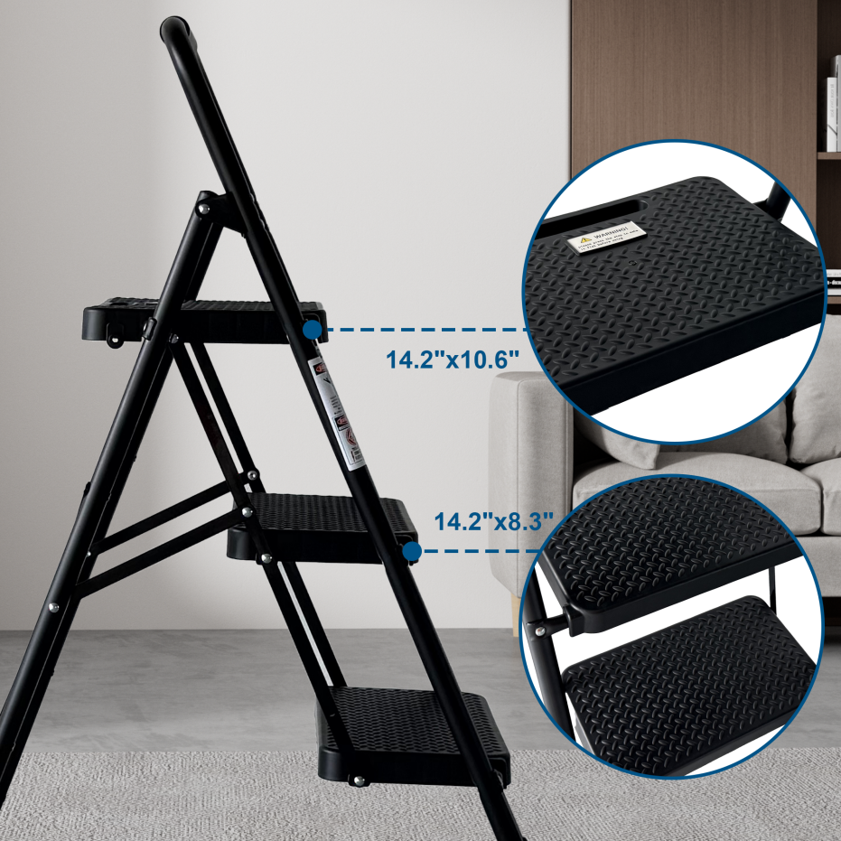 3-Step Folding Step Ladder with Anti-Slip Pedals - Black
