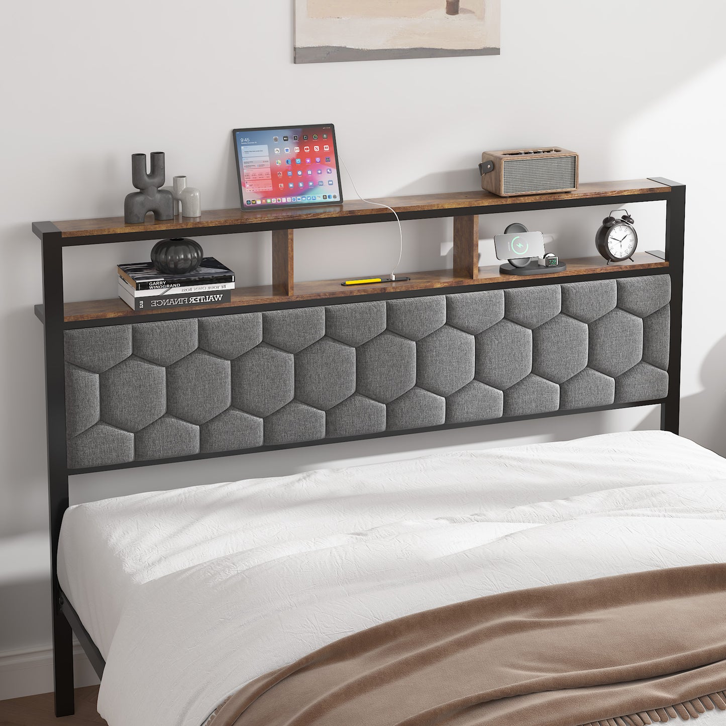 Full Wood Platform Bed Frame with Upholstered Headboard, USB Ports & Underbed Storage