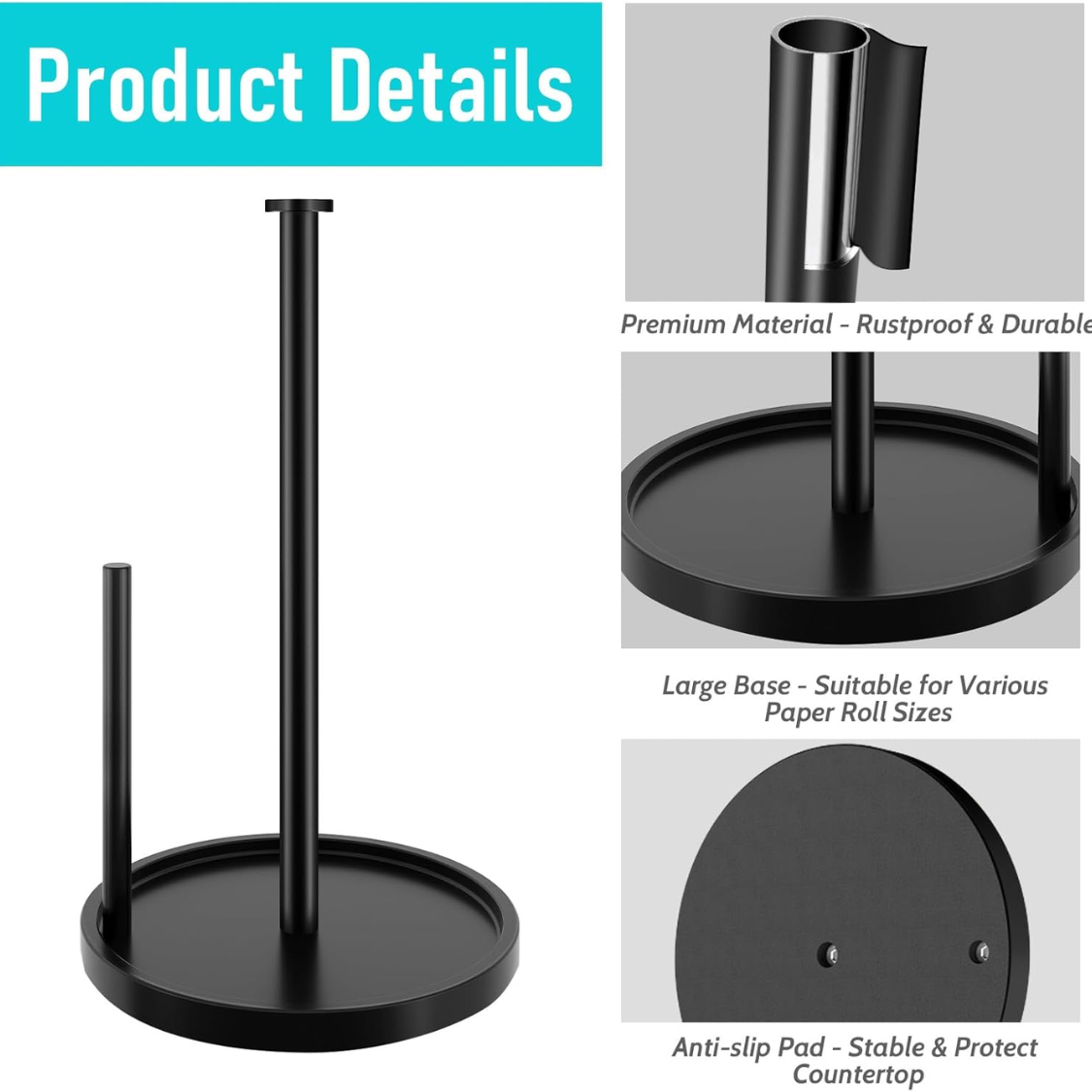 Paper Towel Holder Countertop, Standing Roll With Anti Slip Weighted