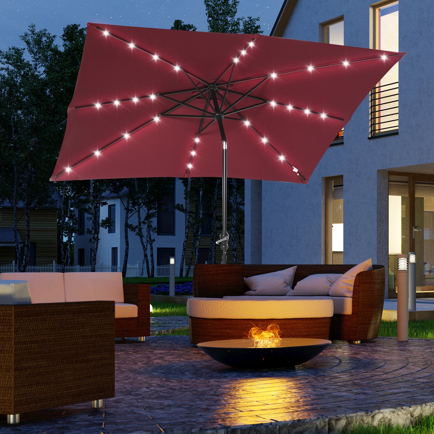 Solar LED Lighted Patio Umbrella - Wine Red, 9x7 ft with Tilt & Crank
