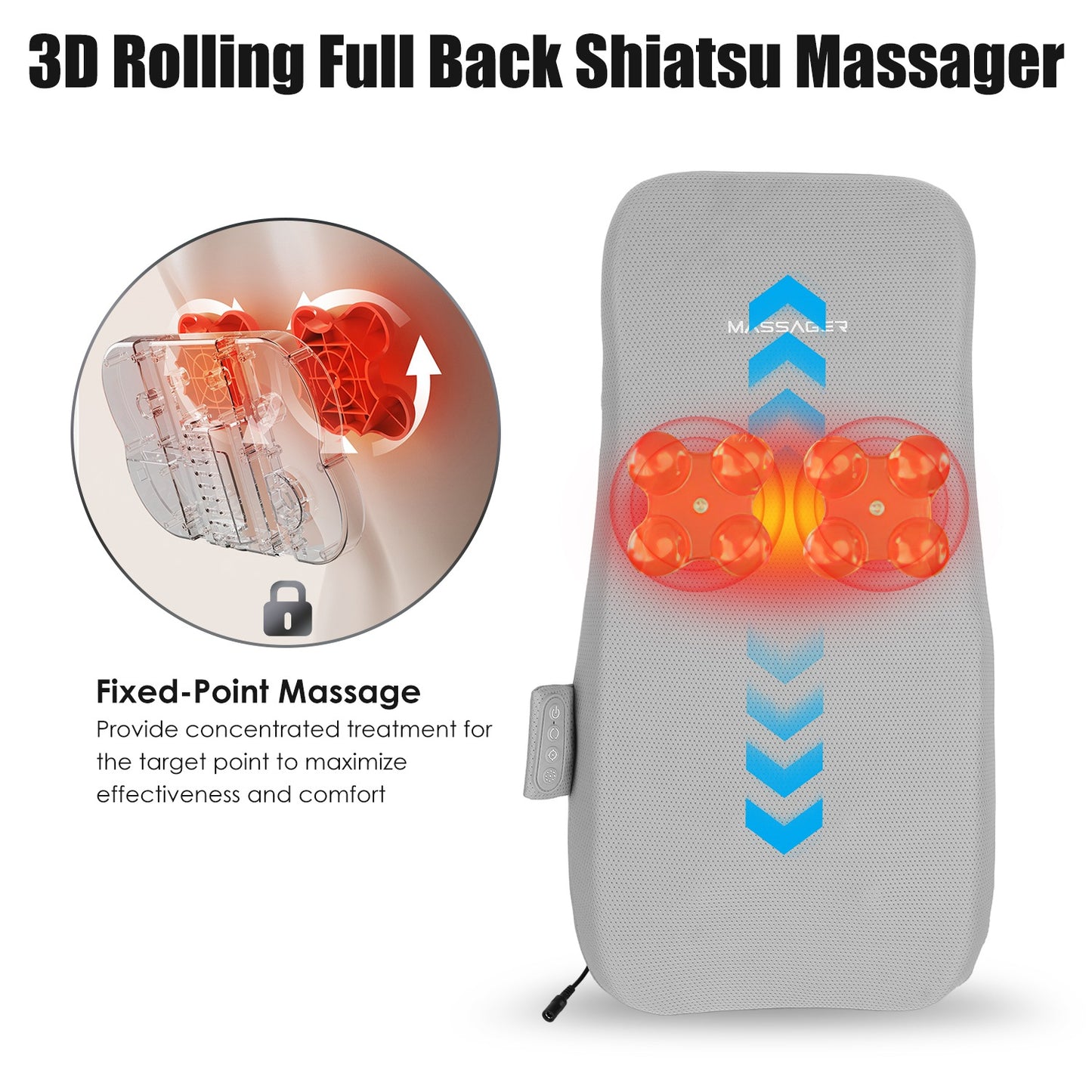 Full Back Massager with Heating & Rolling Nodes - Deep Tissue Shiatsu Chair Pad for Lumbar and Upper Lower Back Relief - Grey