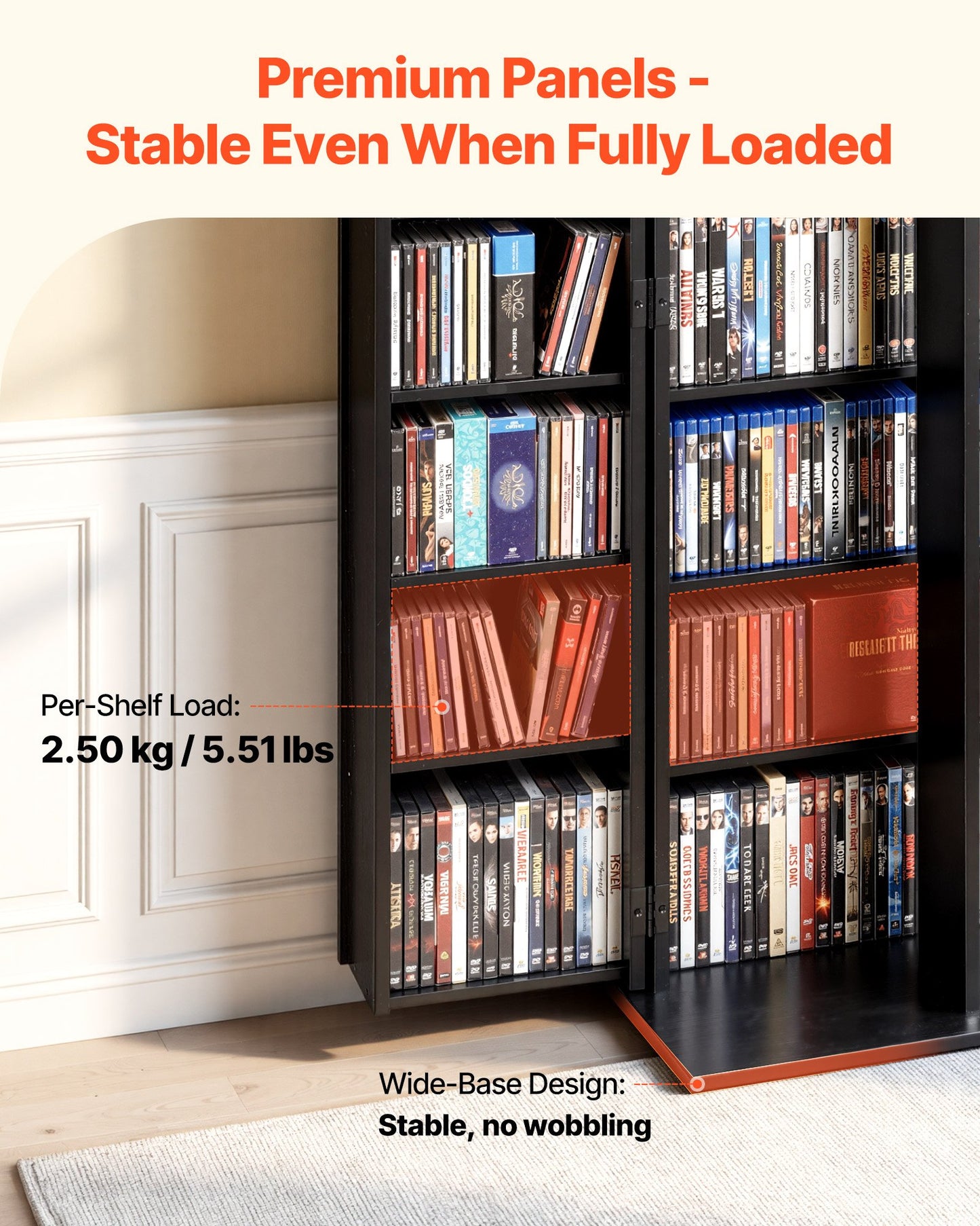 6-Tier Media Storage Cabinet with Doors - DVD & CD Organizer, Black