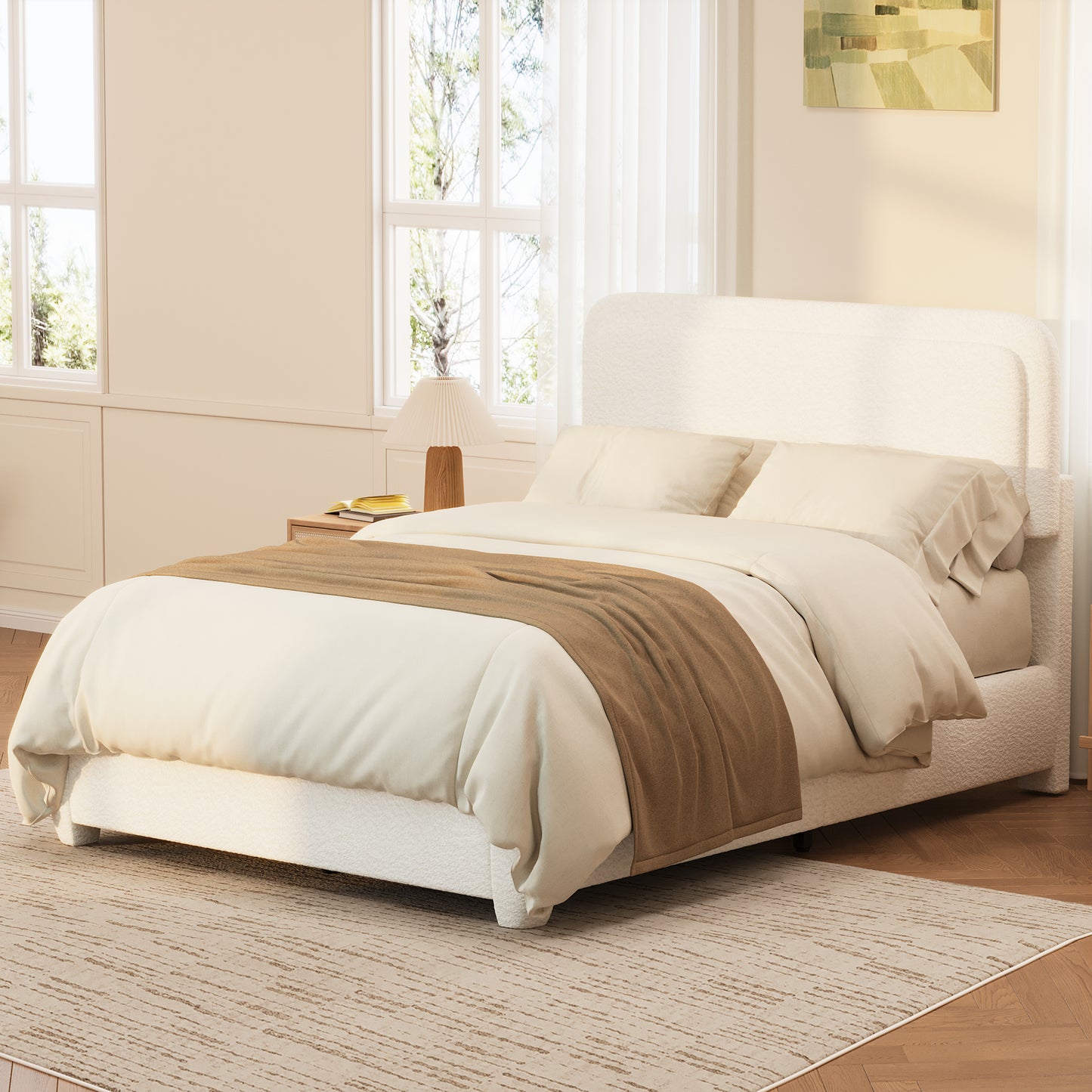 Boucle Queen Bed Frame With Adjustable Height Headboard, Modern