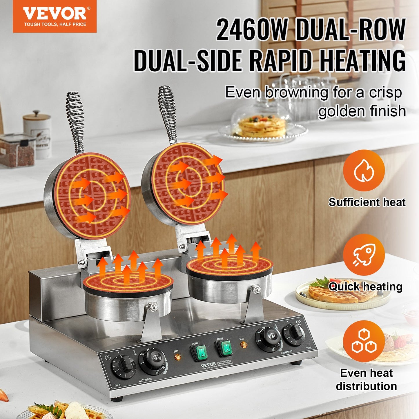 Dual-Head Commercial Waffle Maker 2460W Non-Stick Round Waffle Iron