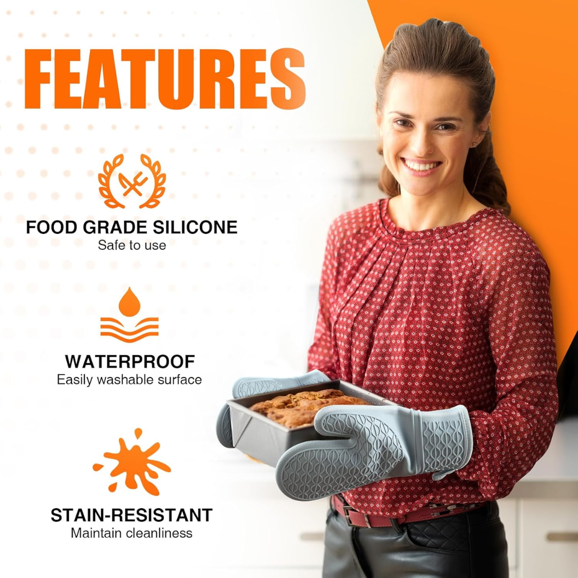 Heat Resistant Silicone Oven Mitts - 2-Pack with Cotton Lining, Non-Slip Grip, 12.5 Inch - Grey