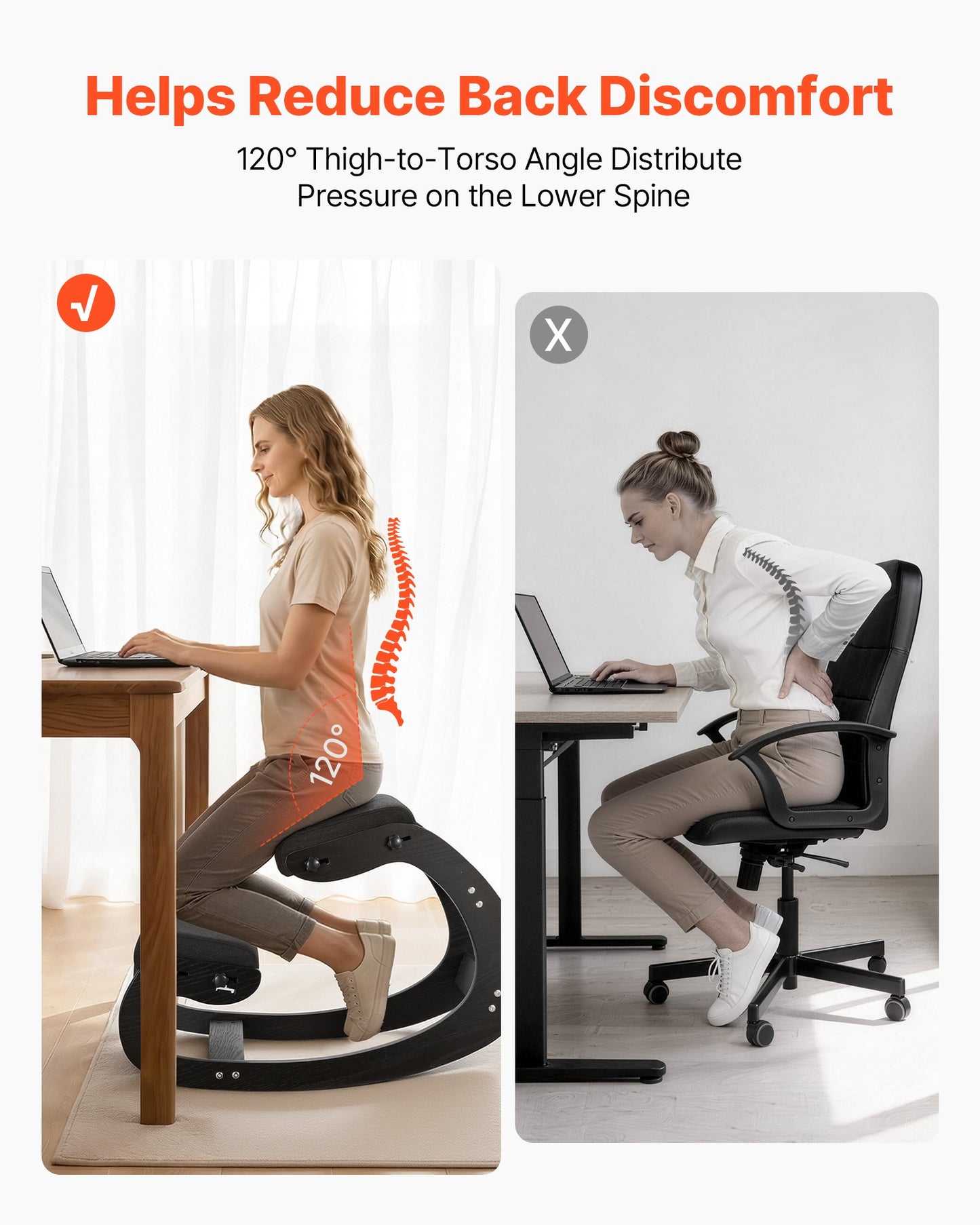 Ergonomic Kneeling Chair with Adjustable Foam Cushions and Wooden Frame - Black