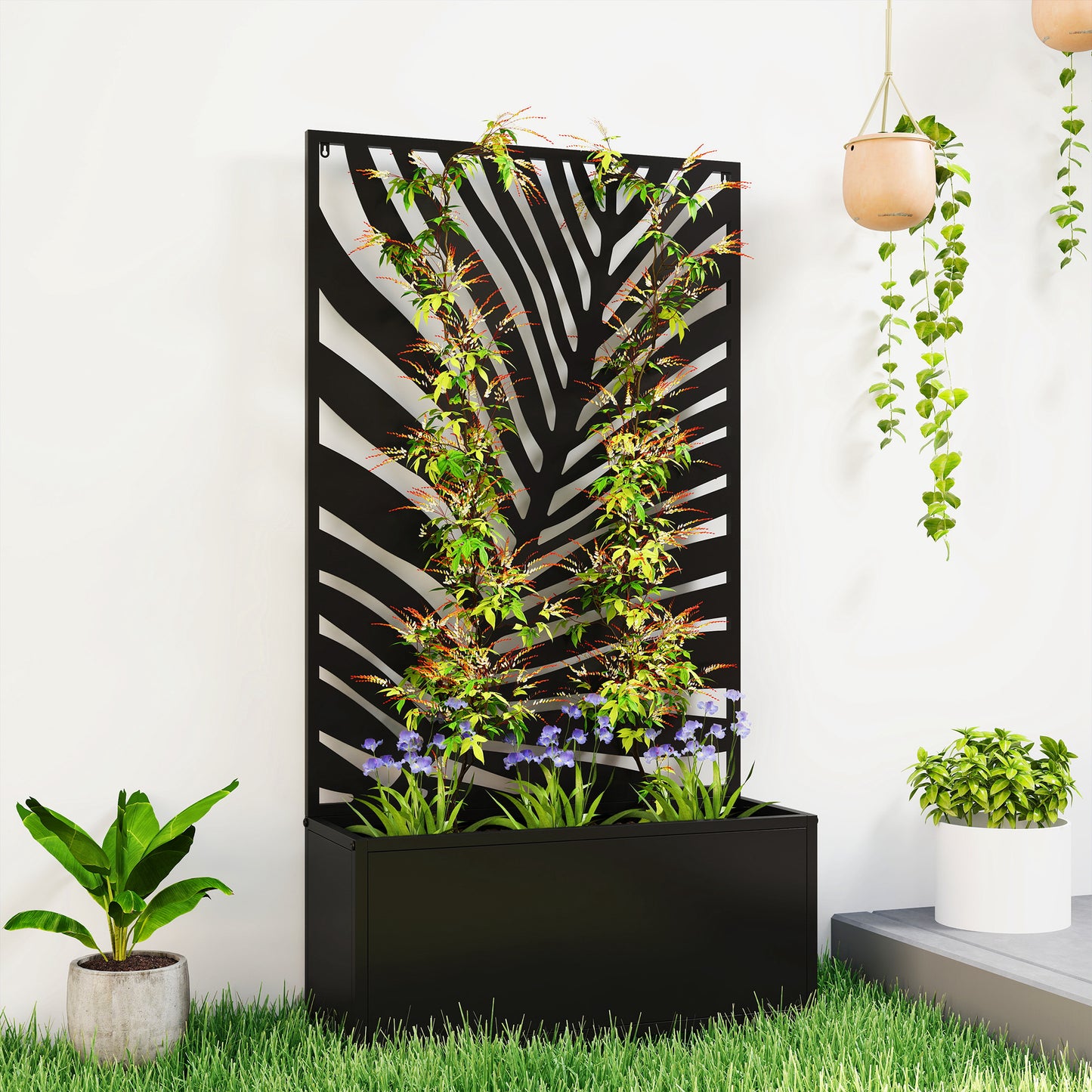 Metal Garden Bed with Trellis for Climbing Plants - Freestanding or Wall Mountable, 990x700x75 mm, Black