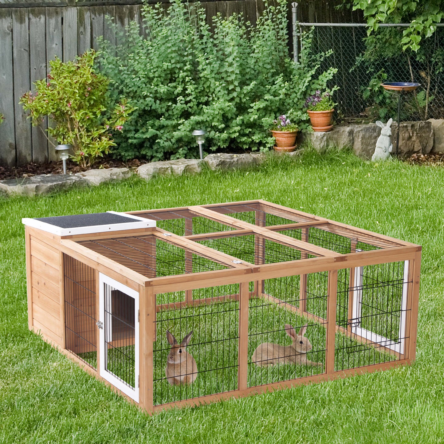 Outdoor Waterproof Rabbit Hutch with Enclosed Shelter and Run - Natural Wood, 1275x540x185 mm