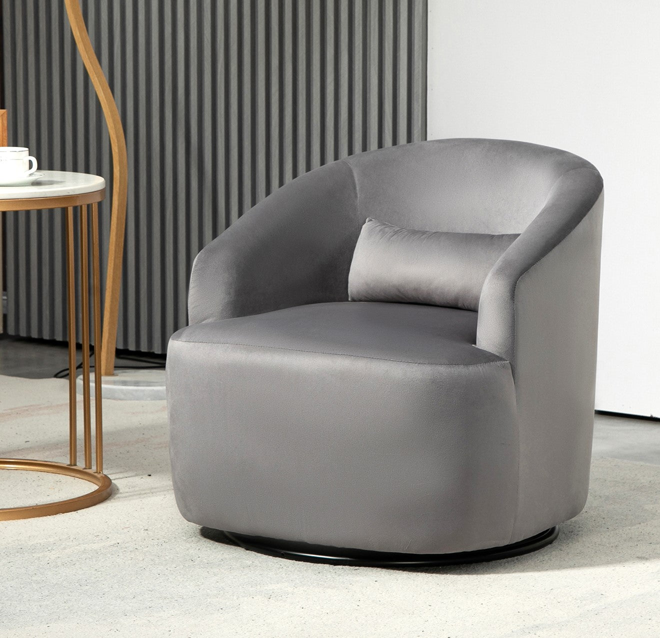 Swivel Barrel Accent Chair - Velvet Upholstered Grey Armchair