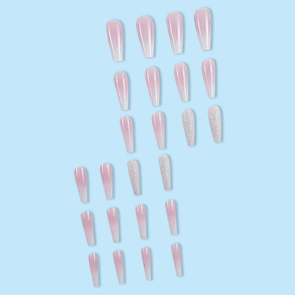 24-Piece Long Coffin-Shaped Gradient Pink Nail Art Kit with Sequin Embellishments