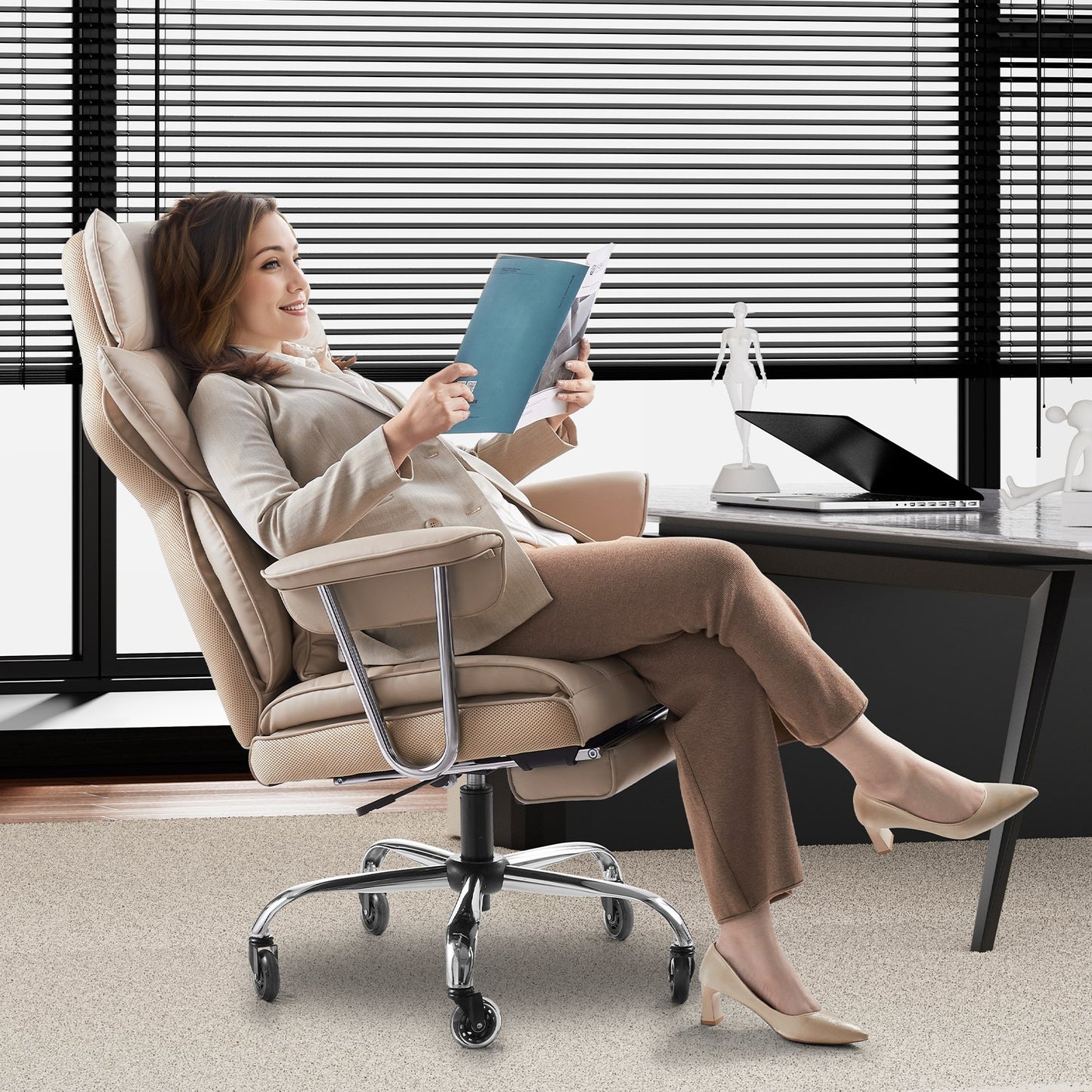 Executive Office Chair with Footrest - 400 Lbs Capacity, Ergonomic Design, Lumbar Support - Khaki