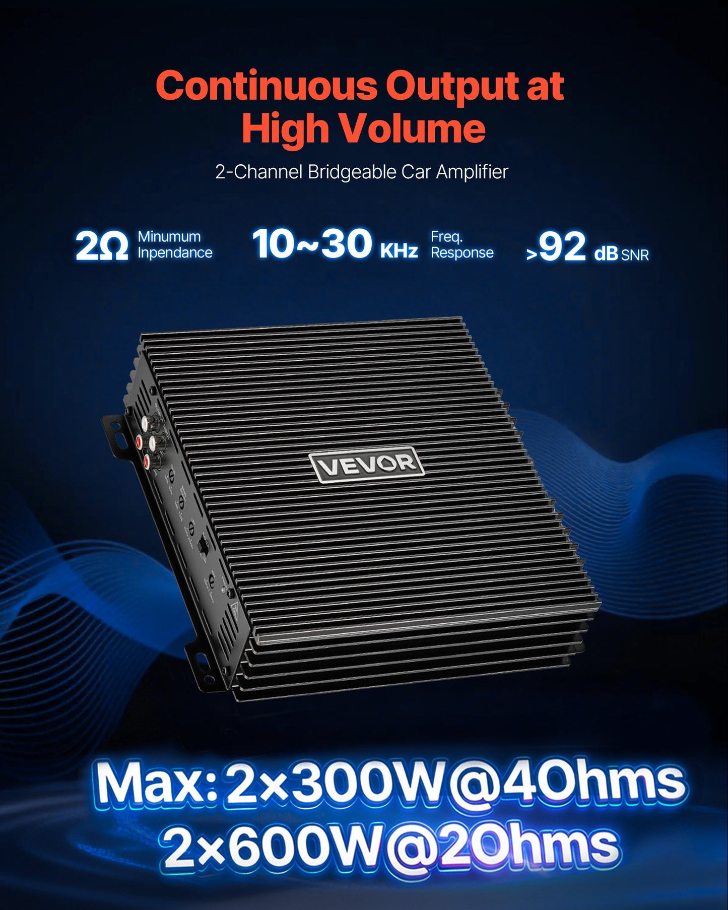 2 Channel Car Audio Amplifier 300W x 2 Bridgeable Full Range Stereo Amp - Black