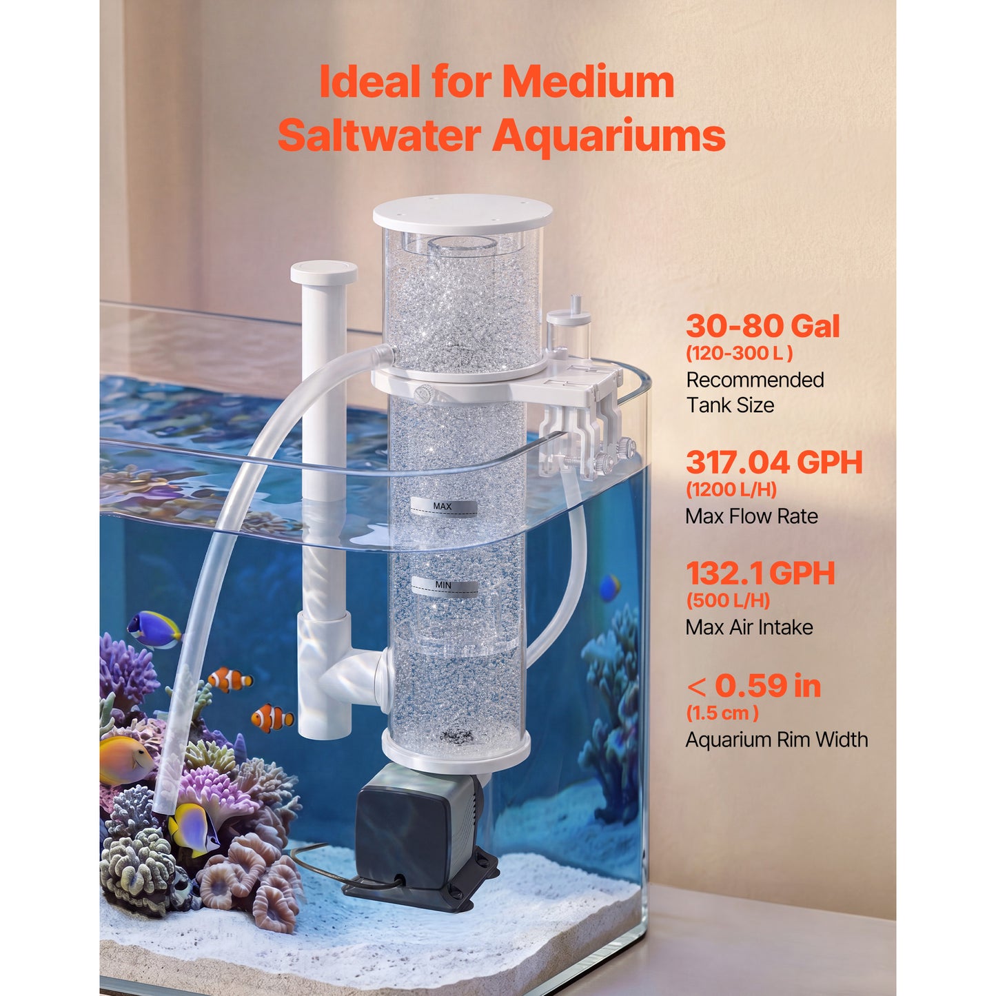 Hang-On Aquarium Protein Skimmer with DC Pump for 30-80 Gallon Saltwater Reef Tanks