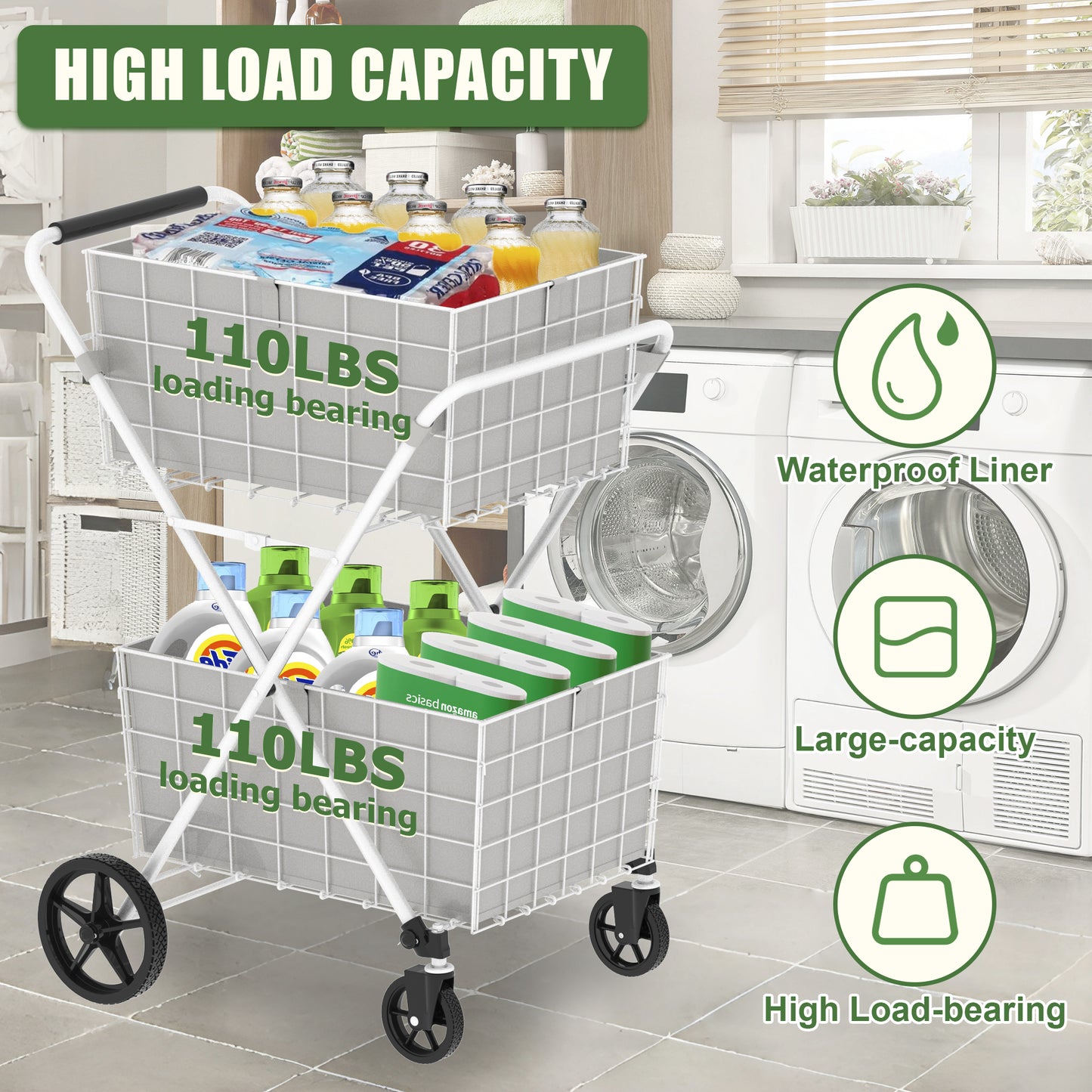 Extra Jumbo Foldable Shopping Cart with Double Baskets - White