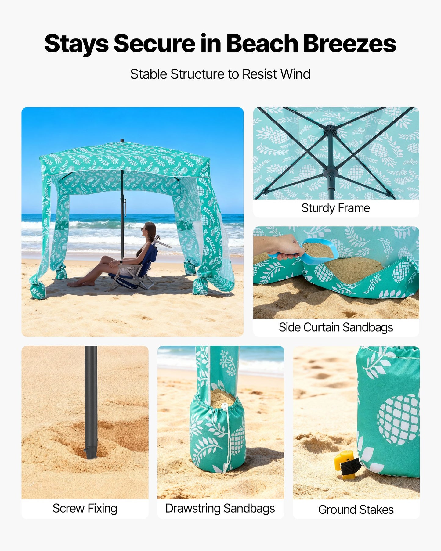 6x6 Ft Beach Cabana with Side Wall - UPF 50+ Sun Shade & Sand Pockets, Portable Outdoor Tent for Family & Friends