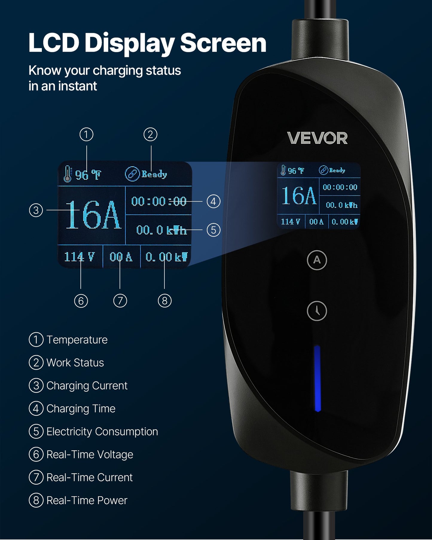 Portable Level 1&2 EV Charger 16A Adjustable Current 120V 240V with LCD - Black