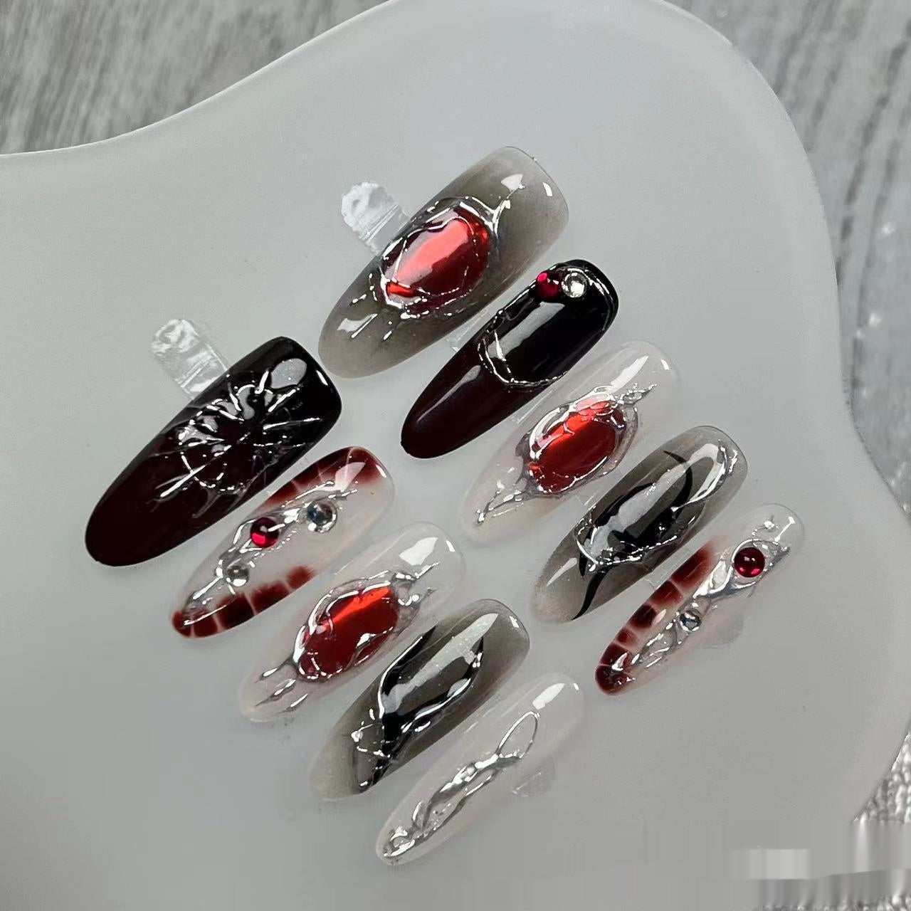 Black and Red Gradient Handmade Wearable Nail Art Kit - Prolate Ellipse XS-L