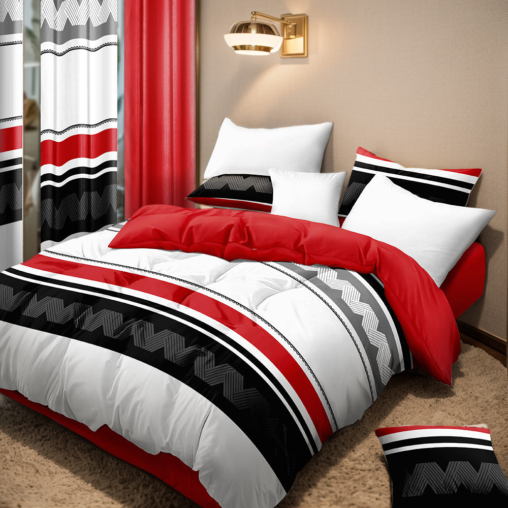9-Piece Geometric Bedding and Curtain Set - Heavyweight Quilt & 6 Panels