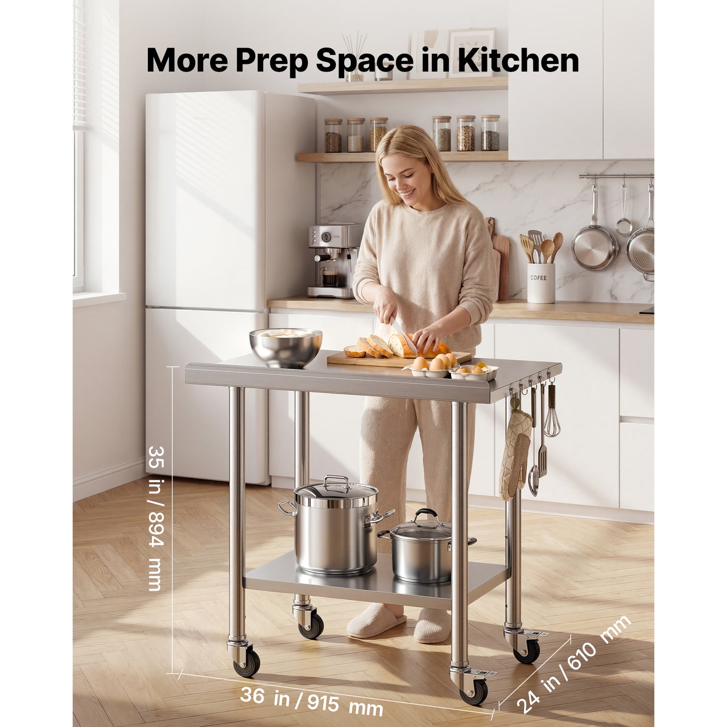 Stainless Steel Food Prep Table 24x36 Inch with Wheels & Backsplash - Commercial Kitchen Workstation