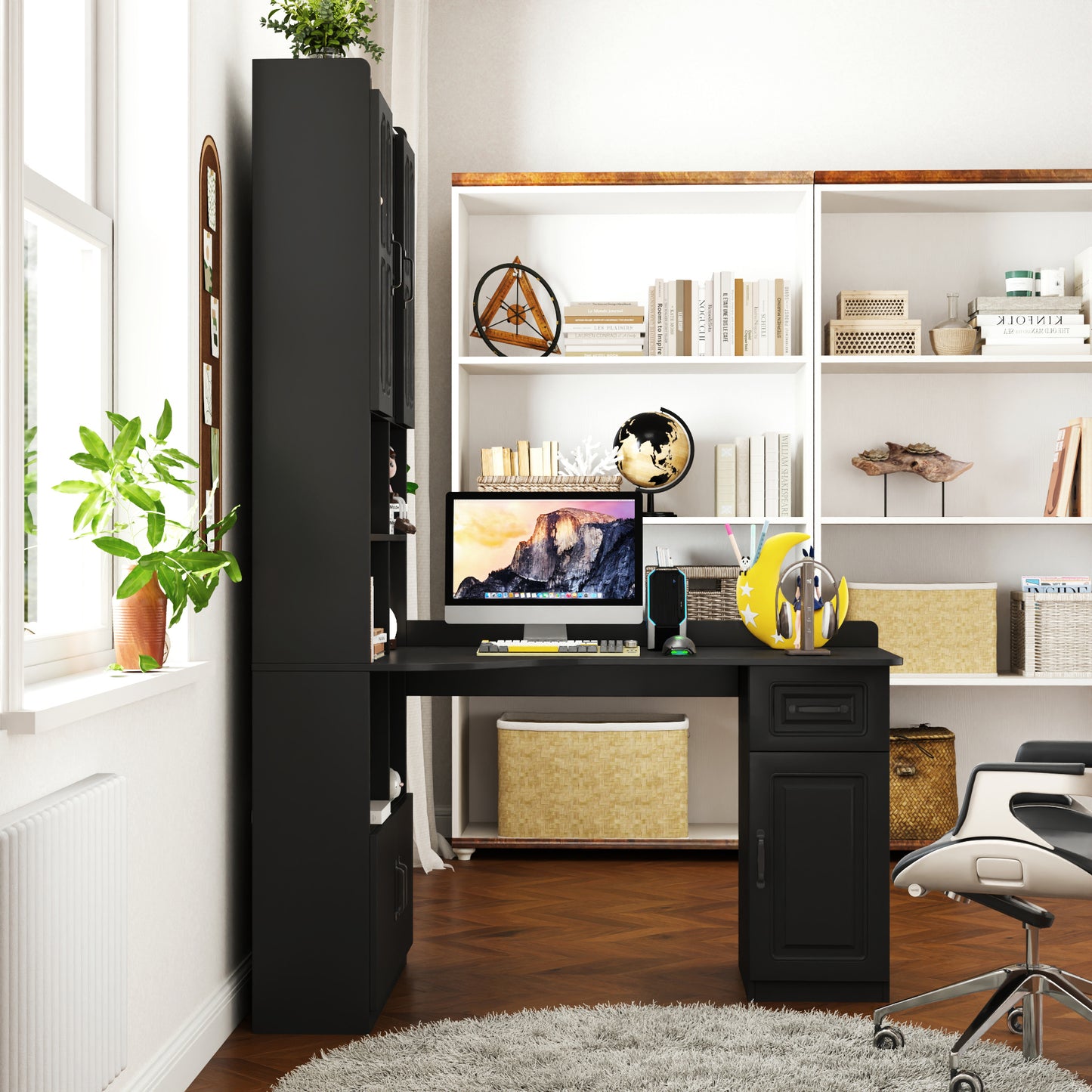 L-Shaped Corner Computer Desk with Storage & Hutch - Black