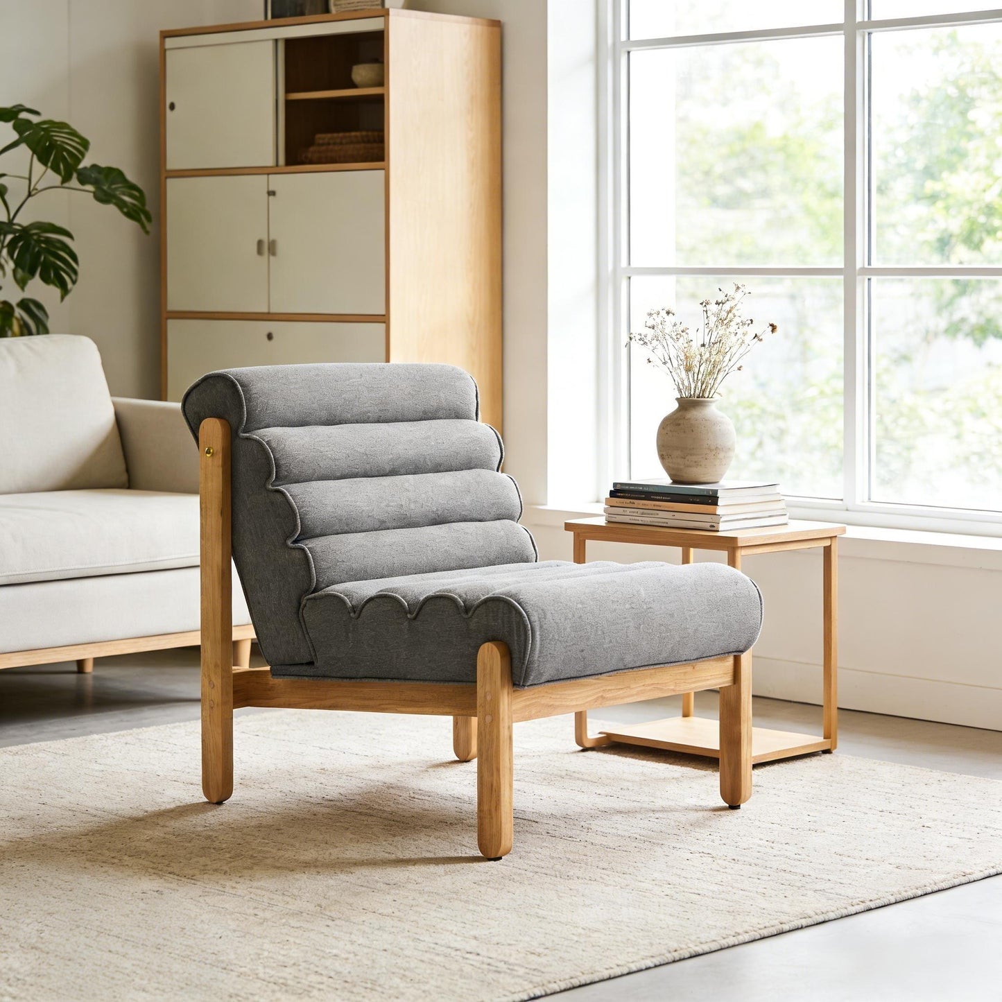 Fluffy Accent Chair Gray With Natural Solid Wood Frame